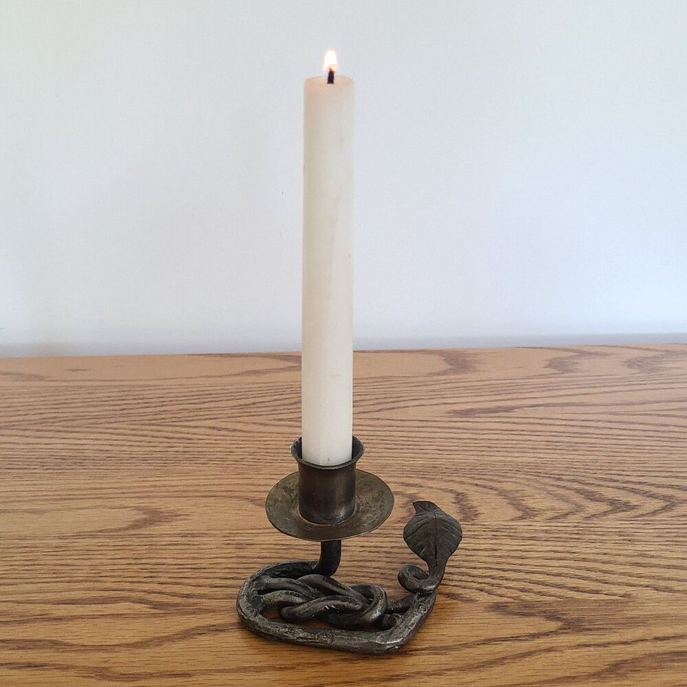 Vintage Hand Forged Wrought Iron Candle Holder with Twisted Link & Leaf Design